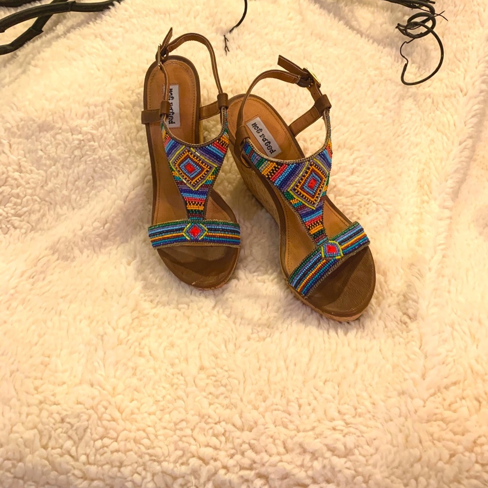4” Wedge sandals, colorfully beaded, size 6.5